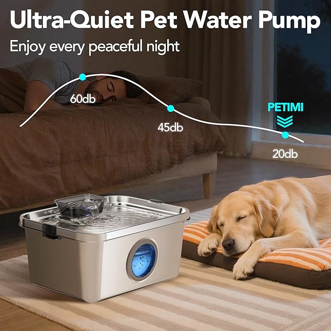 Dog Water Fountain, 3 Gallons Stainless Steel Dog & Cat Water Fountain, Large Pet Water Fountain for Multiple Pets, Ultra Silent, Wide Tray, Safety Lock, 3 Filters Included, Smart Water Pump
