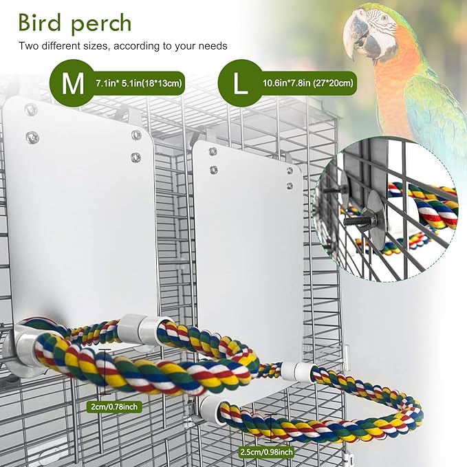 BWOGUE 7 Inch Bird Mirror with Rope Perch Cockatiel Mirror for Cage Bird Toys Swing Parrot Cage Toys for Parakeet Cockatoo Cockatiel Conure Lovebirds Finch Canaries