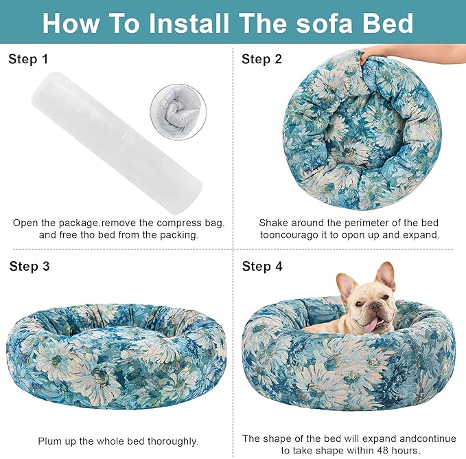 Dog Calming Beds for Small Medium Large Dogs - Round Donut Washable Puppy Dog Bed, Anti-Slip Faux Fur Fluffy Donut Cuddle Anxiety Cat Pet Bed (20" Flower)