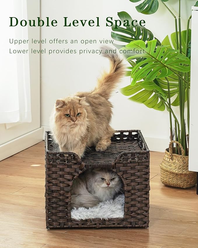 Cat Beds Indoor Kitten House, Handwoven Rattan Cat Cave Pet Cube, Large Cat Houses, One Bed Mat, Foldable, Hideaway, 16.5x16.5x13.2 Inches, 2 S-Shaped Hooks in Living Room Bedroom Brown