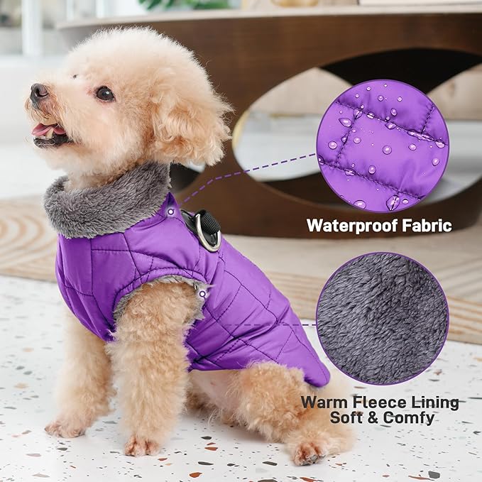 Warm Fleece Dog Coats with Durable Harness Buitl in D-Ring,Waterproof Puppy Jacket for Small Dogs,Dog Vest for Cold Winter,Purple M