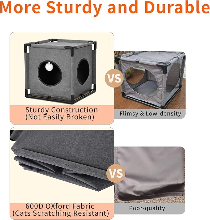 2-Story Cat House for Indoor Cats - Large Cat Cave Bed with Soft Velvet Pad and Fluffy Ball，Stable and Easy to Assemble Kitty Fort, Muti-Functional Cat Condo， Grey