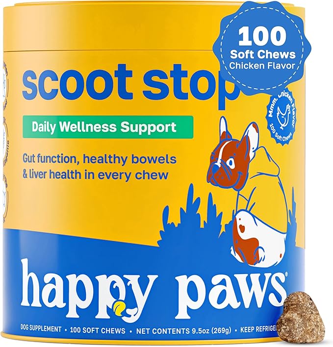 Happy Paws Scoot Stop Supplement for Dogs, Anal Gland Chew & Digestive Health Support for Dogs of All Breeds & Ages, Vegan Chicken Flavor, Organic, Non GMO, 100 Soft Chews