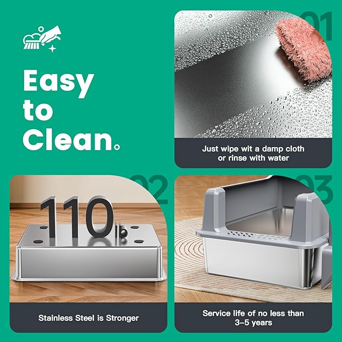 XXL Stainless Steel Cat Litter Box with Lid, Odorless XL Metal Box for Big Cats, Extra Large Kitty Litter Pan, Easy Clean Steel Box Anti-Leakage, Include Litter Scoop