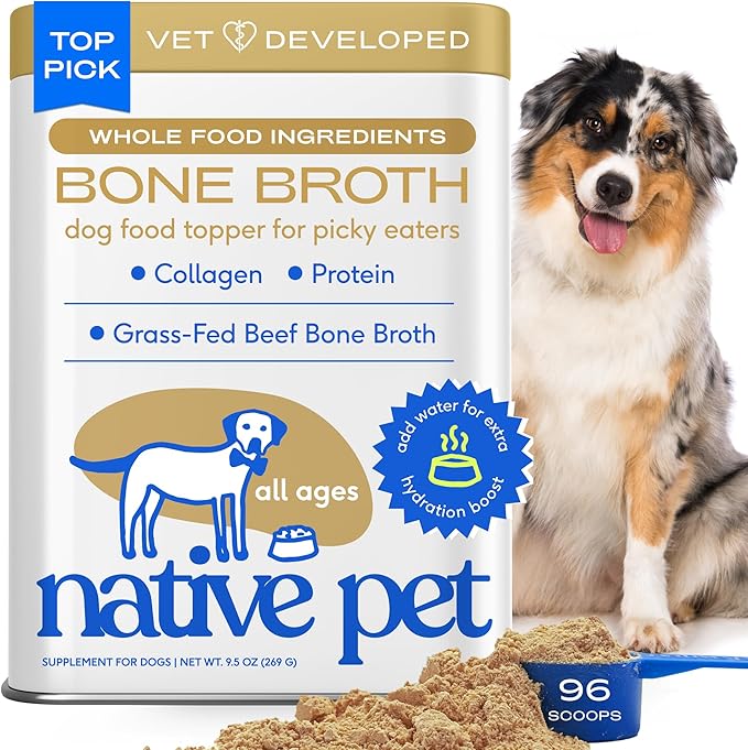 Native Pet Bone Broth for Dogs and Cats - Made with Real Beef Bone Broth, Dog Food Toppers for Picky Eaters - Provides Extra Hydration & Nutrition for Joint Strength, Immunity & Heart Health-96 Scoops