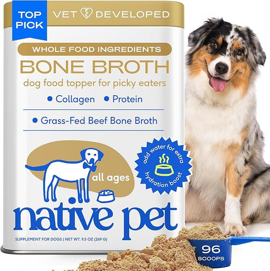 Native Pet Bone Broth for Dogs and Cats - Made with Real Beef Bone Broth, Dog Food Toppers for Picky Eaters - Provides Extra Hydration & Nutrition for Joint Strength, Immunity & Heart Health-96 Scoops