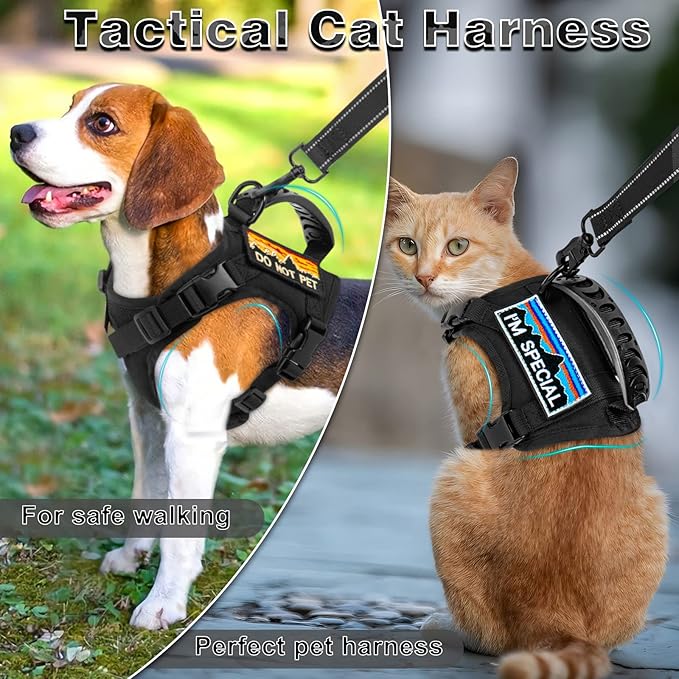 Tactical Cat Harness and Leash for Walking Esacpe Proof,Adjustable Soft Mesh Large Cat Vest with Rubber Handle Easy to Control,Molle Patches