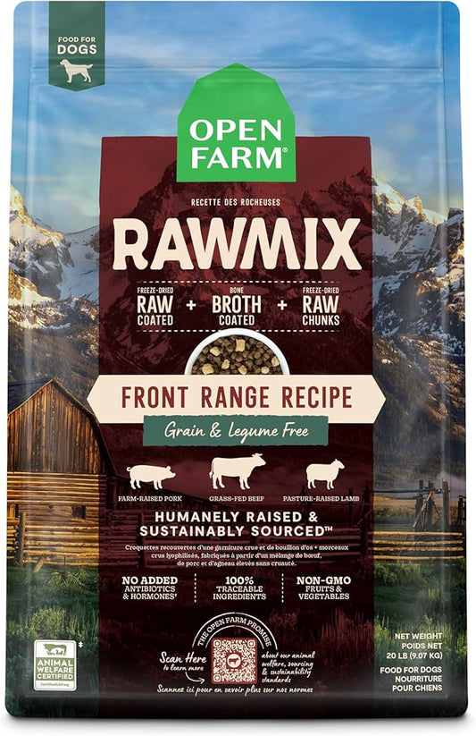 Open Farm, RawMix Grain-Free Dry Dog Food, Protein-Packed Kibble Coated in Bone Broth with Freeze Dried Raw Chunks, Beef Pork & Lamb, Front Range Recipe, 20lb Bag