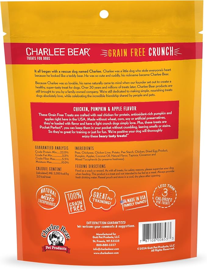 Charlee Bear Crunch Grain Free Dog Treats, Chicken, Pumpkin and Apple, 2 Ounce Resealable Bag, Low Calorie Training Treats for Dogs, Limited Ingredient, Healthy, Crunchy Dog Snacks, Made in USA