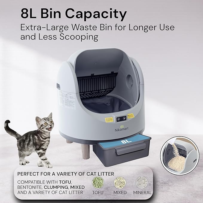 Open-Top Self Cleaning Litter Box, 68L Large Capacity for Multi Cats - Automatic Litter Box New Gray Design with App Control & Fragrance Dispenser for a Fresh Home