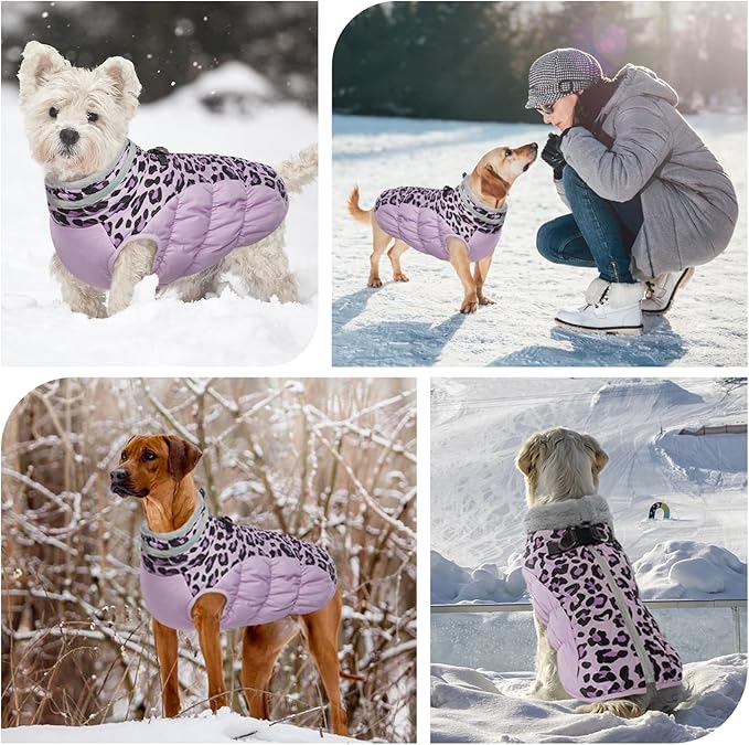 FUAMEY Dog Coat for Large Dogs,Waterproof Dog Winter Jacket with Harness Built in Puppy Cold Weather Coats Reflective Pet Vest with Zipper Warm Fleece Dogs Snowsuit Windproof Purple Leopard XXXL