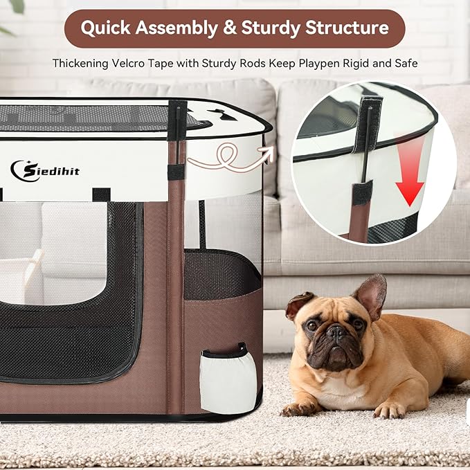 Dog Cat Playpent Puppy Portable Playpens for Outdoor Travel Crate, Indoor After Surgery Use, Foldable Dog Kennel Tent for Rabbit or Small Animals and Tent Stakes(Brown, Medium)