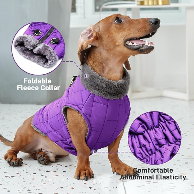 Warm Fleece Dog Coats with Durable Harness Buitl in D-Ring,Waterproof Puppy Jacket for Small Dogs,Dog Vest for Cold Winter,Purple XS