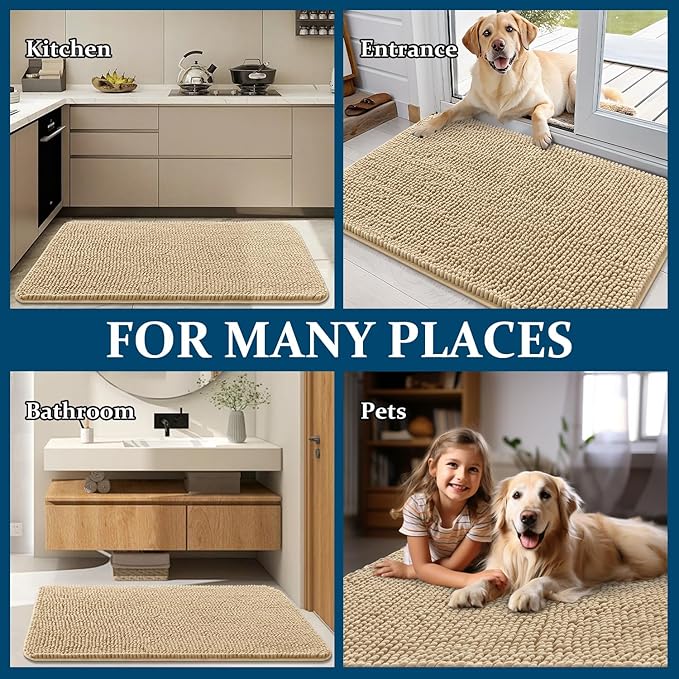 OLANLY Dog Door Mat Set 4-Piece 36x24, Absorbs Moisture and Dirt, Absorbent Non-Slip Washable Doormat, Quick Dry Chenille Mud Mat for Dogs, Entry Indoor Entryway Carpet for Inside Floor, Beige