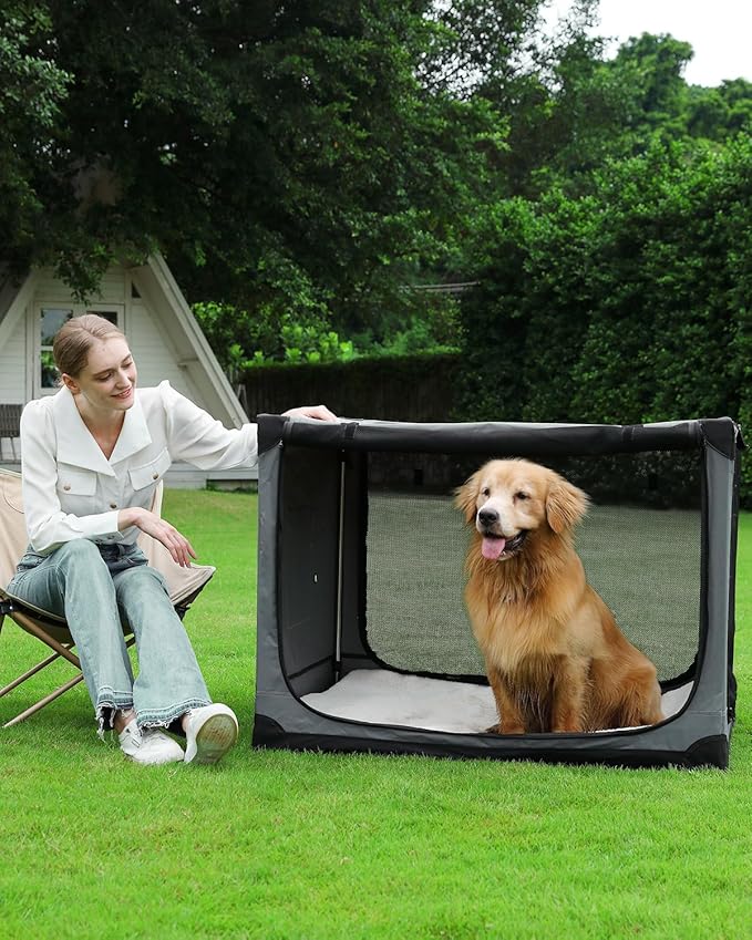 42 Inch Collapsible Travel Dog Crate for Medium Large Dogs, Portable Dog Crate 4-Door Foldable Soft Kennel with Durable Mesh Windows for Indoor & Outdoor Travel, with Storage Bag,Grey