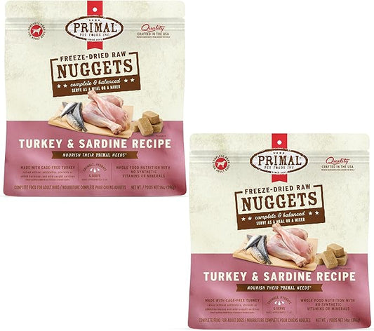 Primal Freeze Dried Raw Dog Food Nuggets, Turkey & Sardine, Complete & Balanced Meal, Also Use as Topper or Treat, Premium, Healthy, Grain Free, High Protein Raw Dog Food, 14 oz (Pack of 2)