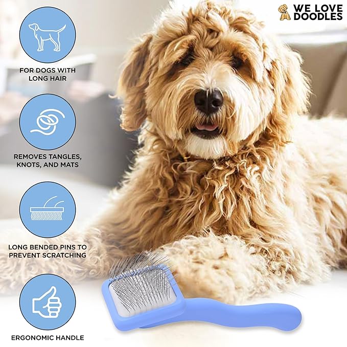 We Love Doodles Dog Slicker Brush for Grooming Pet Hair - Best Brushes For Poodle & Golden Doodle - Long Haired Coat Hairbrush - Goldendoodle Long Pin Brush For Dematting (Extra Small)
