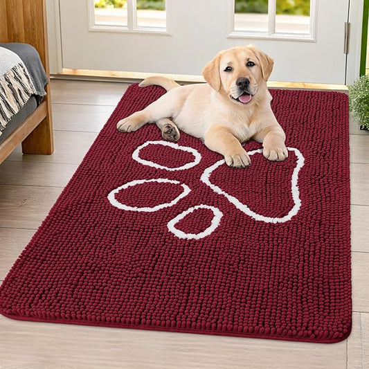 Smiry Dog Door Mat for Muddy Paws, Absorbent Dirt Trapper Non Slip Quick Dry Washable Chenille Mat for Mud Dogs, Entry Rug for Indoor and Outdoor (40x32 Inches, Burgundy)