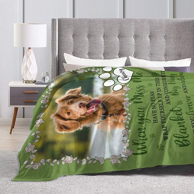 Custom Pet Memorial Blanket with Photo,Personalized Dog/Cat Loss Sympathy Gift,Pet Loss Bereavement Remembrance Gifts,Flannel Throw Blanket with Pictures (Dark Green)