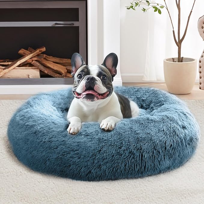 JOLLYVOGUE Calming Dog & Cat Bed for Small Dogs, Anti-Anxiety Donut Cuddler Cozy Soft Round Bed with Anti-Slip Bottom, Fluffy Faux Fur Plush Cushion Beds for Small Medium Pets (20")