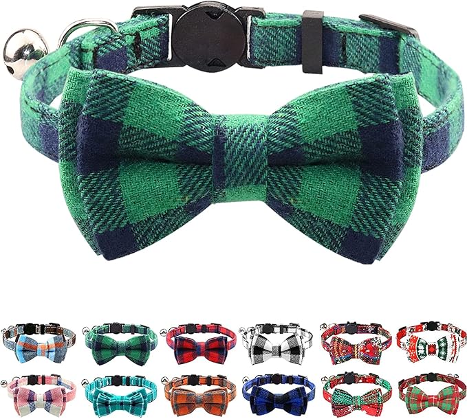 Joytale Upgraded Cat Collar with Bells, Breakaway Cat Collars with Bow Tie, 1 Pack Girl Boy Safety Plaid Kitten Collars, Green