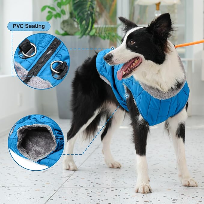 Warm Fleece Dog Coats with Durable Harness Buitl in D-Ring,Waterproof Puppy Jacket for Small Dogs,Dog Vest for Cold Winter,Light Blue M