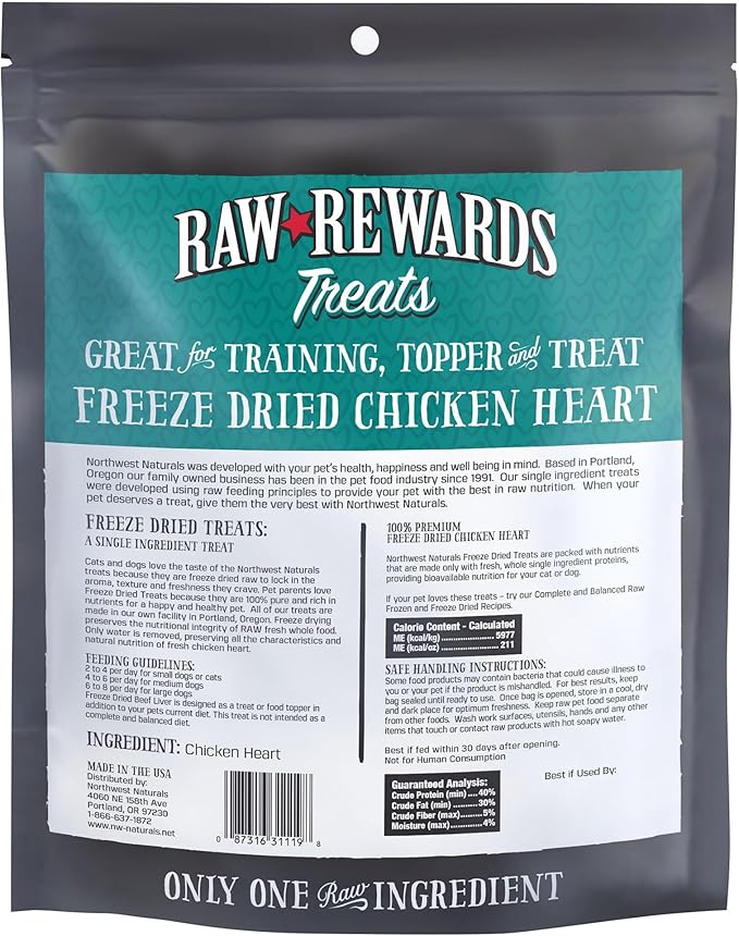 Northwest Naturals Raw Rewards Freeze-Dried Chicken Heart Treats for Dogs and Cats - Bite-Sized Pieces - Healthy, 1 Ingredient, Human Grade Pet Food, All Natural, Proudly Made in USA, 10 Oz