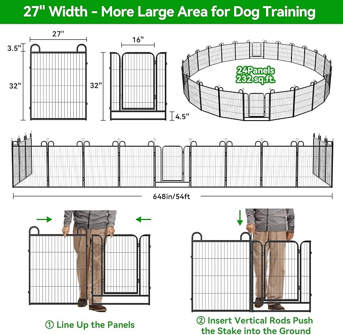 Dog Playpen Outdoor 24 Piece Panels Heavy Duty Dog Fence 32" Height Anti-Rust with Doors Portable for RV Camping Yard, Total 54FT, 227 Sq.ft, Snowy Black