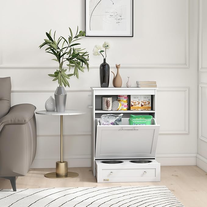 PawHut Dog Feeding Station with Storage, Pet Feeder Cabinet Container with Raised Bowls and Hanger for Feeding & Watering Supplies, Dog Food Organizer, White