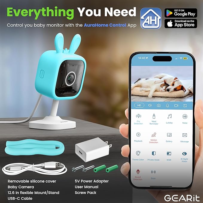 GEARit Baby Monitor with Camera & Audio 2K Video with Motion & Crying Detection, 2 Way Audio Easy WiFi Setup, Remote Monitoring - Easy to Set Crib Monitor with Adjustable Stand