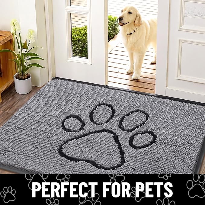 Smiry Dog Door Mat for Muddy Paws, Absorbent Dirt Trapper Non Slip Quick Dry Washable Chenille Mat for Mud Dogs, Entry Rug for Indoor and Outdoor (24x44 Inches, Grey)