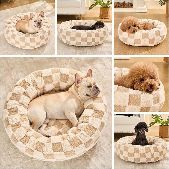 Dog Calming Beds for Small Medium Large Dogs - Round Donut Washable Puppy Dog Bed, Anti-Slip Faux Fur Fluffy Donut Cuddle Anxiety Cat Pet Bed (36" Grid)