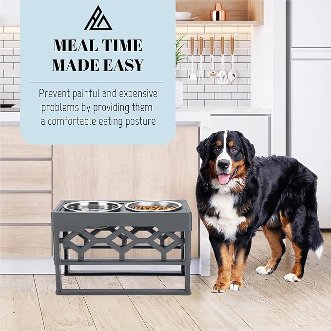 AVERYDAY Large Dog Bowls Elevated, 4 Height Adjustable Raised Dog Bowl Stand with 2 Stainless Steel Food and Water Bowls Set, Tall Dogs Feeding Station with Anti-Slip Base for Medium Large Breeds Dogs
