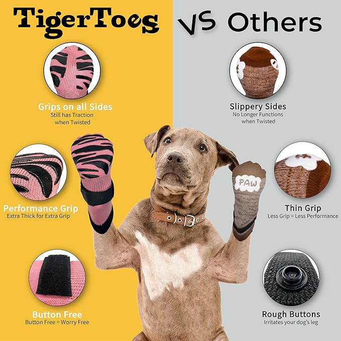 DOK TigerToes Premium Non-Slip Dog Socks for Hardwood Floors - Extra-Thick Grip That Works Even When Twisted - Prevents Licking, Slipping, and Great for Dog Paw Protection (Sassy Pink, Large)