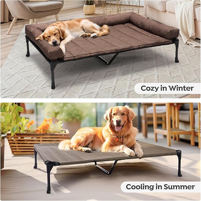 Veehoo Cooling Elevated Dog Bed Add Removable Waterproof Bolster Cushion Mat, Raised Pet Cot with Breathable Teslin Mesh, No-Slip Feet, Dog Sofa Bed for Indoor Outdoor, XXLarge, Brown CWC2331B