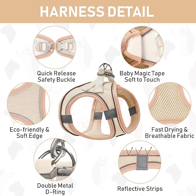 GAMUDA Small Pet Harness Collar and Leash Set, Step in No Chock No Pull Linen Fabric Soft Mesh Dog Vest Harnesses Reflective for Dogs Puppy Cats Kitten Rabbit (Khaki, XL)