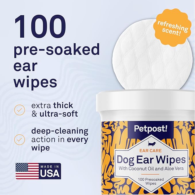 Petpost | Dog Ear Cleaner Wipes - Ultra Soft Cotton Pads in Coconut Oil Aloe Solution - Dog Ear Rinse & Cleanser 100 ct.