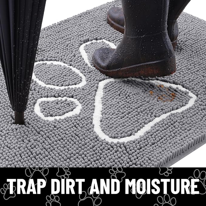 Smiry Dog Door Mat for Muddy Paws, Absorbent Dirt Trapper Non Slip Quick Dry Washable Chenille Mat for Mud Dogs, Entry Rug for Indoor and Outdoor (30x20 Inches, Grey and White)
