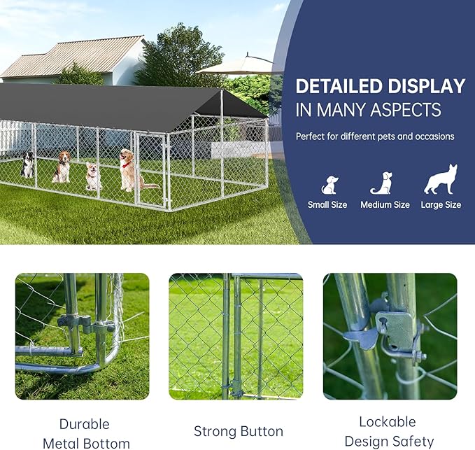 Outdoor Dog Enclosure Heavy Duty Dog Kennel House Mesh Dog Big Cage Pet Kennel Steel Fence with Secure Lock(19.68'*9.84')