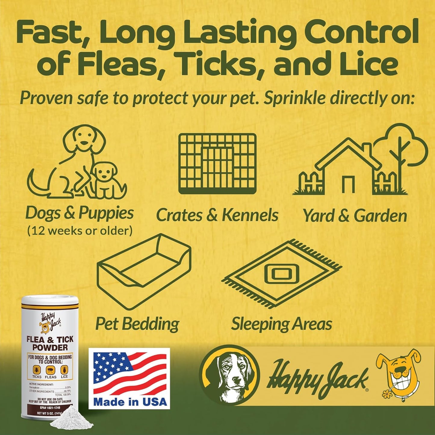 Happy Jack Flea and Tick Powder for Dogs & Puppies, Flea Powder for Flea Treatment & Control, Kills Pests, Ticks & Lice, Odorless & Non-Staining, Dust on Sleeping Quarters & Dogs (5 oz)