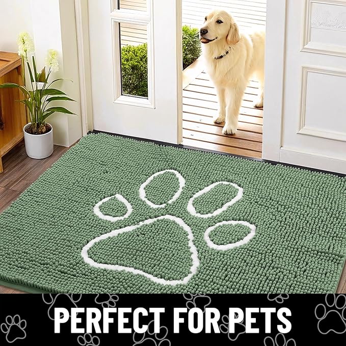 Smiry Dog Door Mat for Muddy Paws, Absorbent Dirt Trapper Non Slip Quick Dry Washable Chenille Mat for Mud Dogs, Entry Rug for Indoor and Outdoor (40x32 Inches, Olive Green and White)