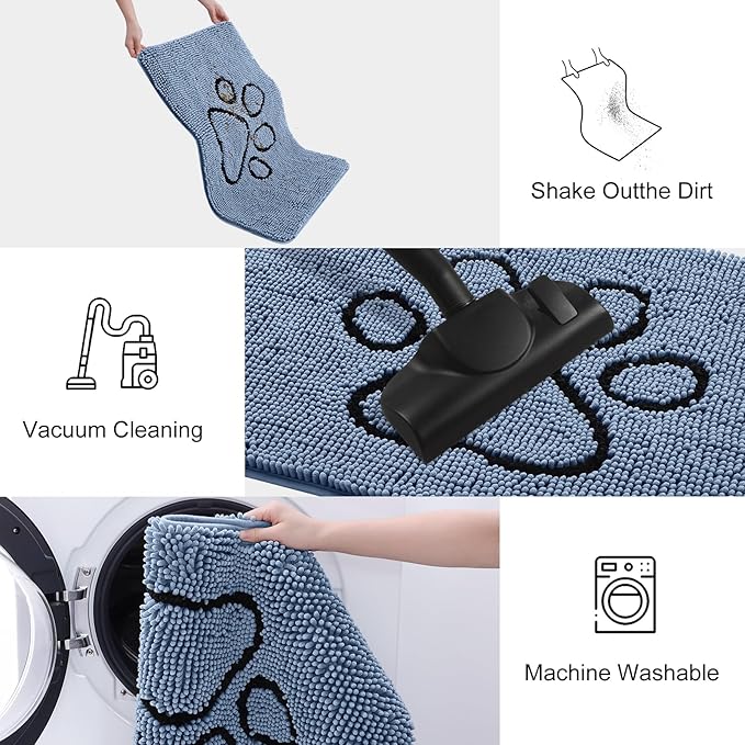Smiry Dog Door Mat for Muddy Paws, Absorbent Dirt Trapper Non Slip Quick Dry Washable Chenille Mat for Mud Dogs, Entry Rug for Indoor and Outdoor (40x32 Inches, Airy Blue and Black)