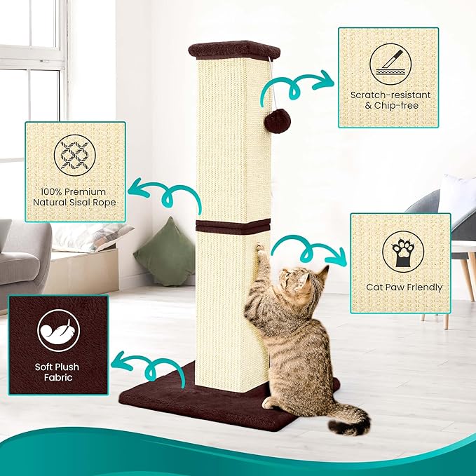 Cat Scratching Post 32 Inch for Indoor Large Cats and Kitten, Nature Sisal Tall Cat Scratch Post, Sisal Cat Scratcher Improve Cat's Scratching Habits and Protect Your Furniture, Beige