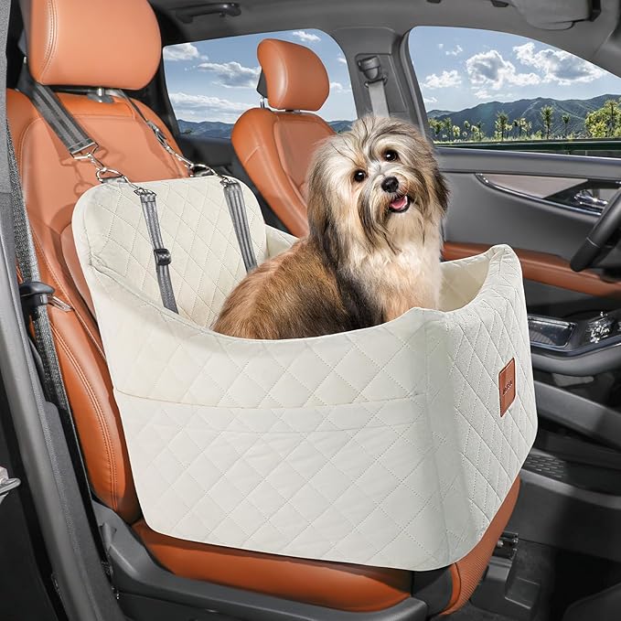 Dog Car Seat for Dogs up to 35lbs, Small Medium Dog Booster Seat with Adjustable Straps and Anti Slip Bottom,Fully Detachable Washable Pet Car Seat with 2 Storage Pockets (Beige, Medium)