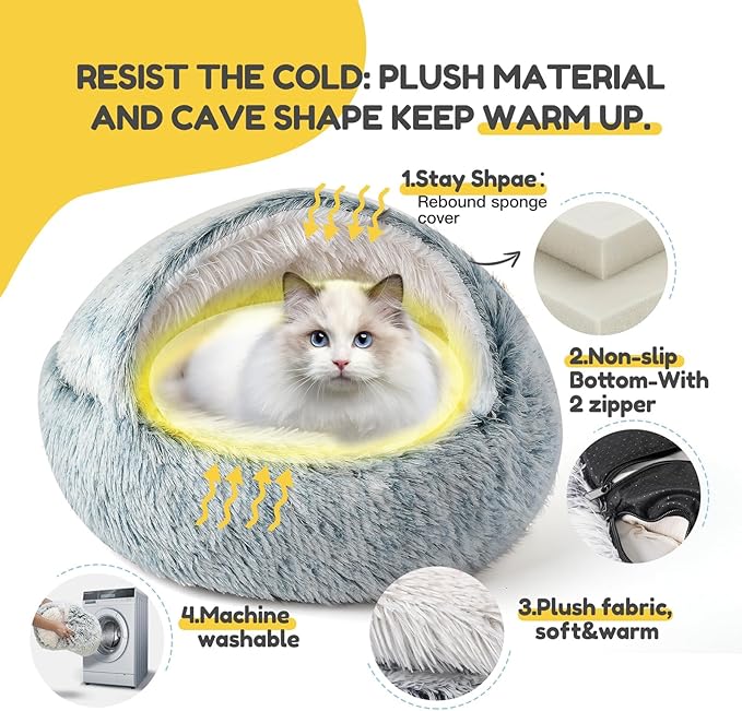 CATISM Cozy Cat Pod - Plush Hooded Cat Bed Cave, Self Warming, Removable Washable with Non-Slip Bottom