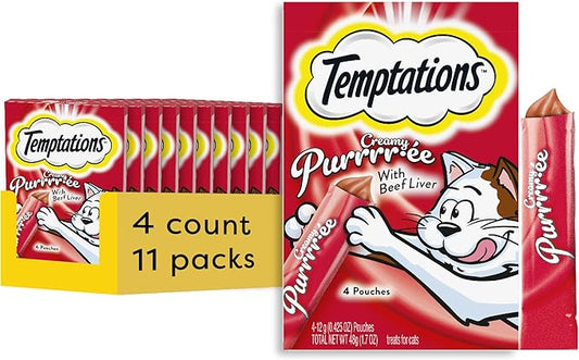 Temptations Creamy Puree Squeezable Lickable Wet Cat Treats with Beef Liver, 0.42 oz. Tubes, 4 Count, Pack of 11 (44 Total)