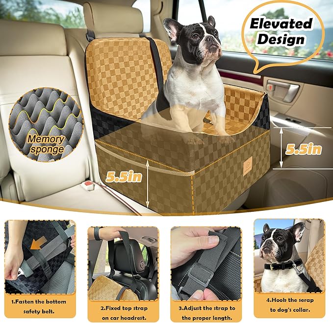 Dog Car Seat for Small and Medium Dogs Up to 35 lbs –Memory Foam Dog Booster Seat with Safety Leash & Storage Pockets, Fits Front & Back Car Seats, Removable Washable Cover – Black & Brown