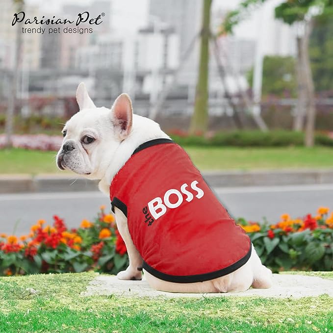 Parisian Pet Dog T-Shirt with Embroidered 'The Boss' - Lightweight Dogs Clothes - Sleeveless Dog Outfit Boss - Shirts for Small Dogs, S