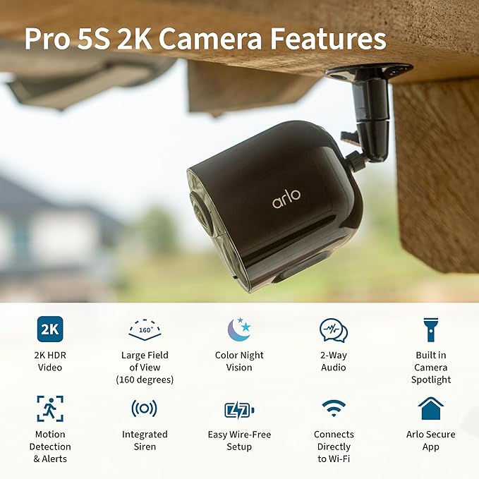 Arlo Pro 5S Spotlight Security Camera 2K HDR | Outdoor | Wireless | Dual-Band Wi-Fi Connects to Strongest Network|12X Zoom, 2-Way Audio, Color Night Vision,Live Stream(Black, 3 Cameras)