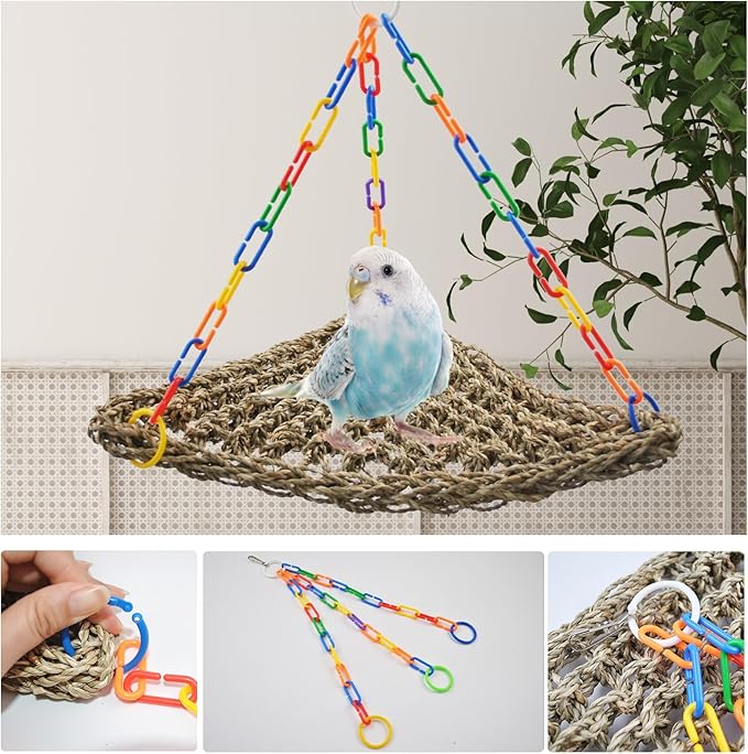 Bird Swing Toys,Parakeet Seagrass Mat,Edible Triangle Seagrass Hammock with Color Toys Handmade Woven Natural Grass Net Hanging on Parrot Cage for Budgies Lovebird Canary Cockatiel Finch Hamster